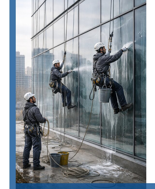 Промышленная мойка панорамных окон на высоте в Пушкине