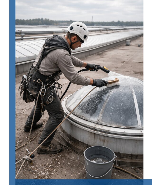 Мойка зенитных фонарей на кровле для промышленных объектов в Пушкине