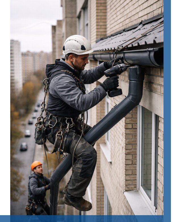 Монтаж водосточной системы на здании в Пушкине от 5187 р. | ВЫСОТНИК-Пшк