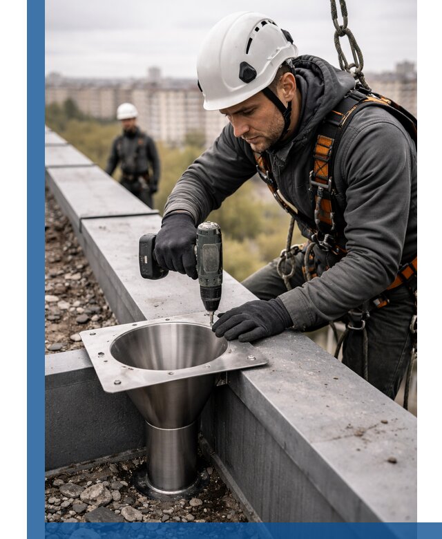 Монтаж водосточных воронок в Пушкине для промышленных зданий