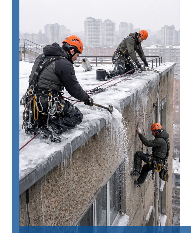 Удаление наледи с кровли в Пушкине промышленными альпинистами