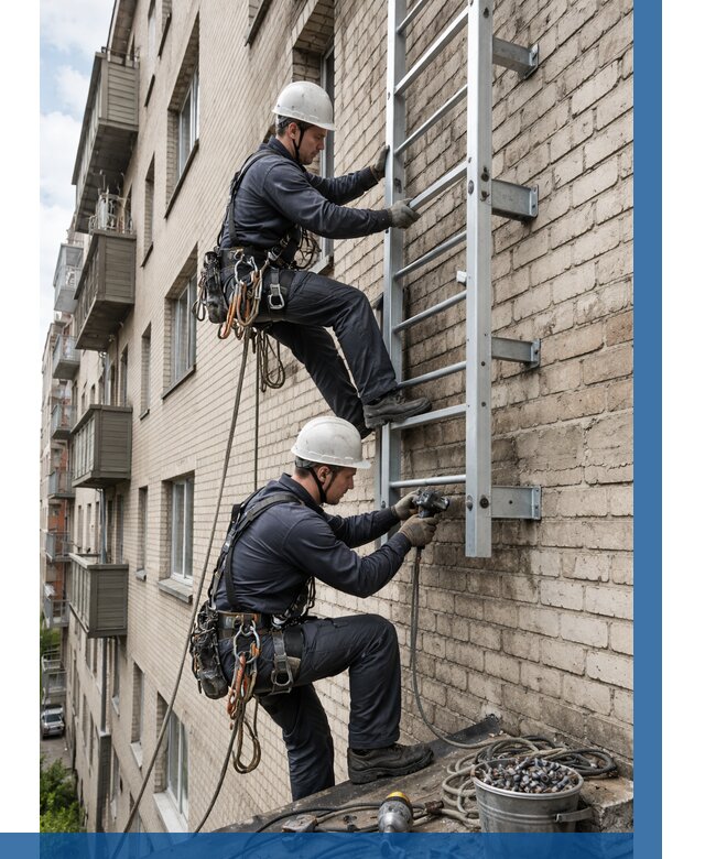 Монтаж пожарной лестницы в Пушкине от 25933 р заказать у ВЫСОТНИК-Пшк