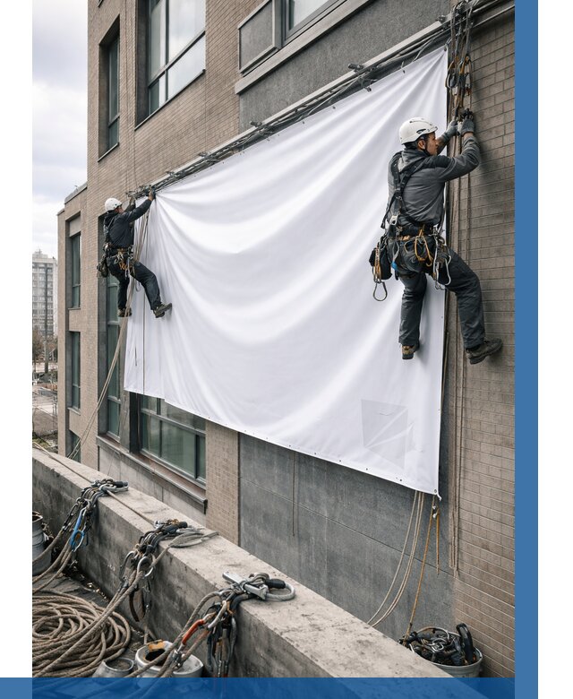 Монтаж баннеров на фасаде в Пушкине от 674 р. заказать ВЫСОТНИК-Пшк