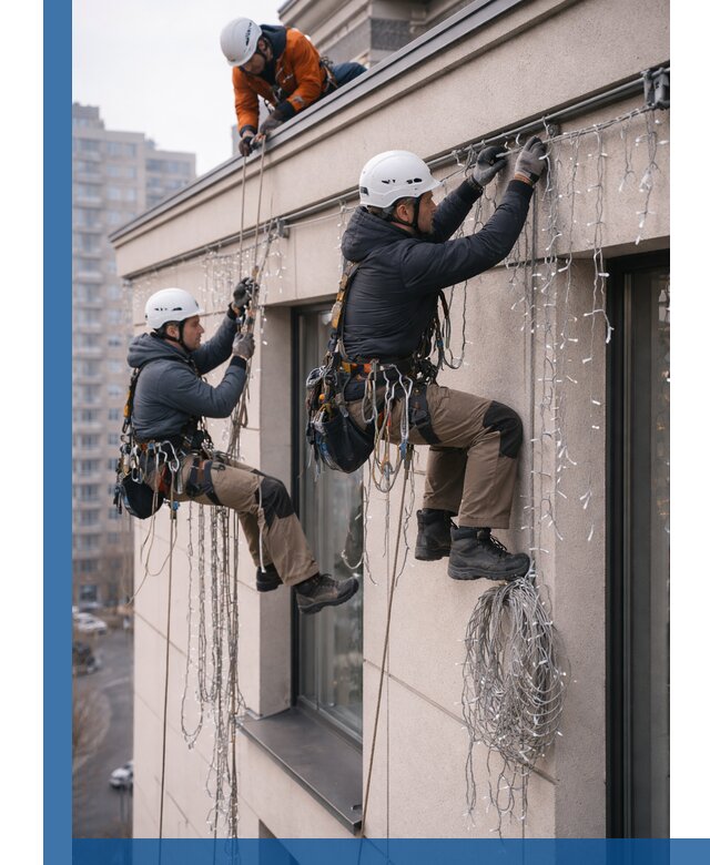 Монтаж праздничных гирлянд на фасаде в Пушкине для зданий