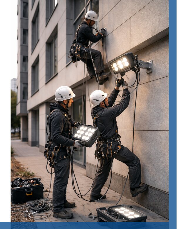 Монтаж прожекторов на фасаде в Пушкине от 7780 р. | ВЫСОТНИК-Пшк