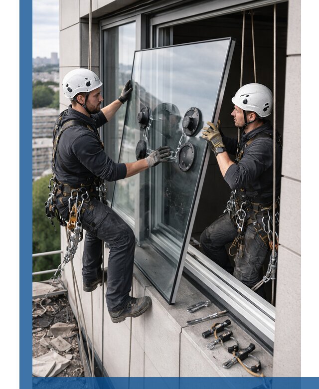 Замена стеклопакетов на высоте с промышленными альпинистами в Пушкине