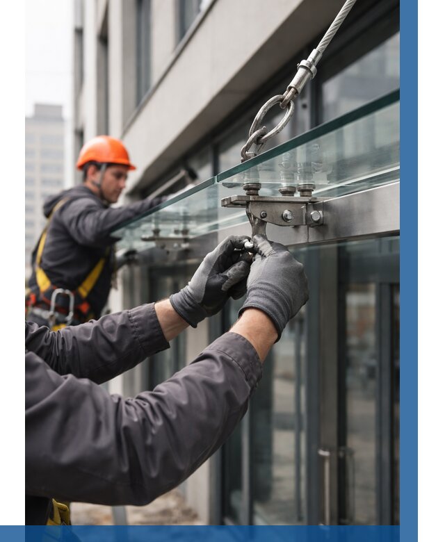 Монтаж стеклянных козырьков в Пушкине от 8817 р. | ВЫСОТНИК-Пшк