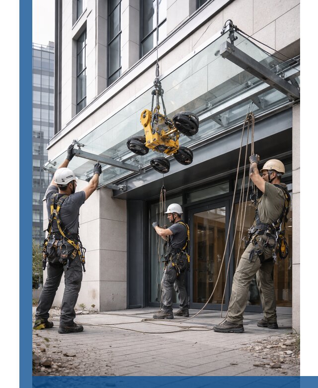 Монтаж стеклянных козырьков под ключ в Пушкине для зданий