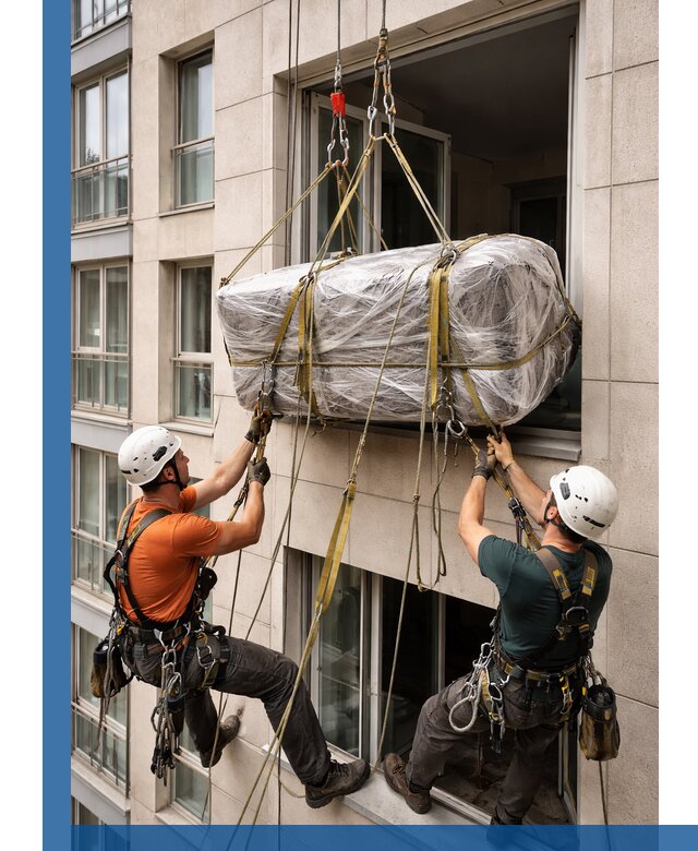 Подъем грузов через окно в Пушкине промышленными альпинистами