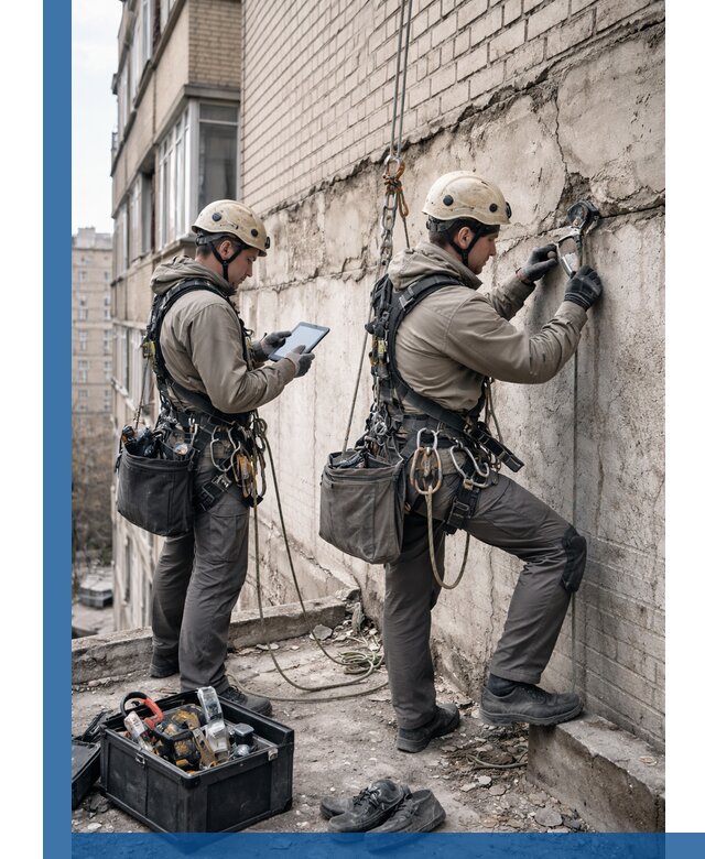 Обследование фасада промышленными альпинистами в Пушкине